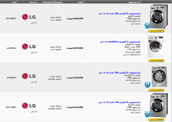 لیست لباسشویی ال جی+ قیمت