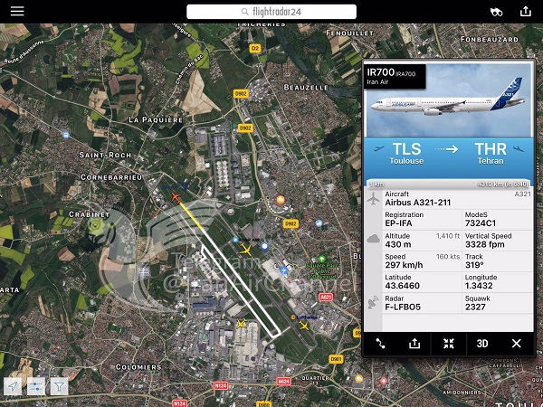 پرواز ایرباس 321 ، اولین هواپیمای سفارشی ایران لحظاتی قبل فرودگاه تولوز را به سمت مهرآباد ترک کرد