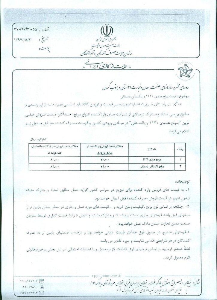 سازمان حمایت قیمت فروش برنج هندی و پاکستانی را اعلام کرد