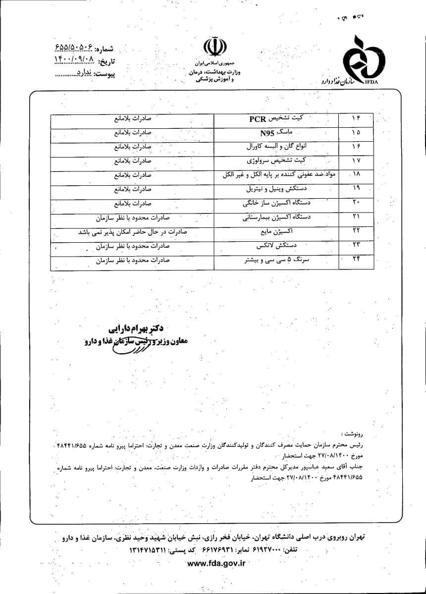 صادرات ۲۲ عدد تجهیزات و اقلام پزشکی آزاد شد