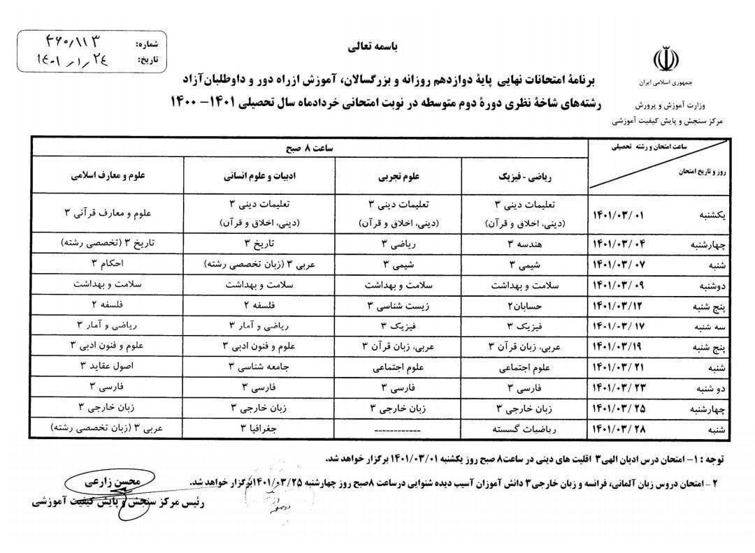 برنامه امتحان نهایی خرداد 1401 پایه دوازدهم + جدول