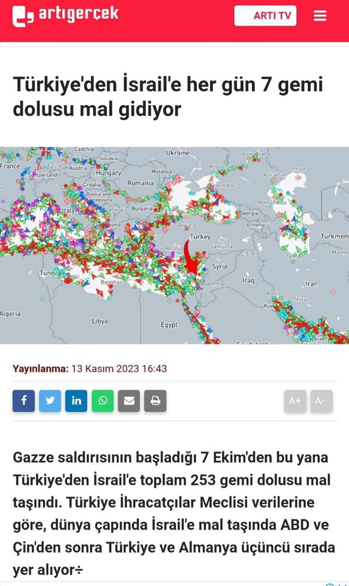 ترکیه از زمان آغاز جنگ تاکنون به زور متوسط هر روز ۷ کشتی به اسرائیل صادرات داشته است