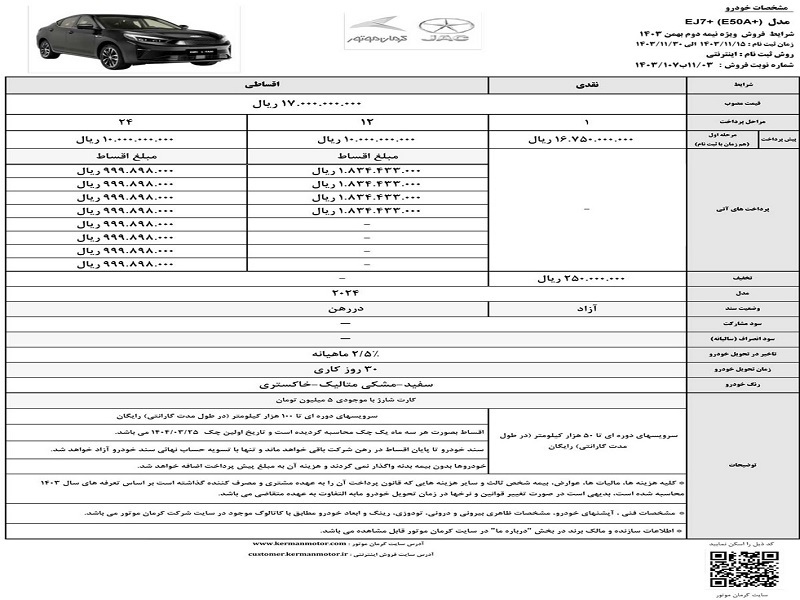 آغاز فروش نقدی و اقساطی خودرو برقی کرمان موتور با امتیازات ویژه + جزئیات و جدول فروش و مشخصات خودرو